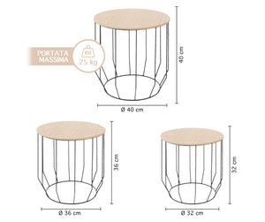 Set 3 Tavolini Da Salotto Sovrapponibili Rotondi Design Moderno Tavolino Da Caffè Estraibili Mobile Soggiorno Tavolo Divano Top In Legno Struttura In Acciaio Stile Industrial Vano Porta Oggetti  - Naturale - Modello 2