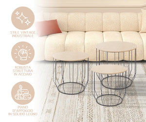 Set 3 Tavolini Da Salotto Sovrapponibili Rotondi Design Moderno Tavolino Da Caffè Estraibili Mobile Soggiorno Tavolo Divano Top In Legno Struttura In Acciaio Stile Industrial Vano Porta Oggetti  - Naturale - Modello 2