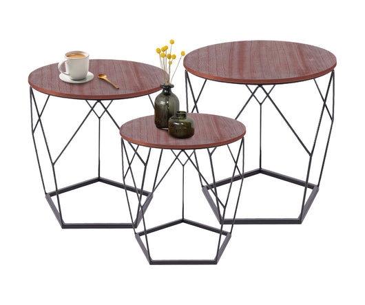 Set 3 Tavolini Da Salotto Sovrapponibili Rotondi Design Moderno Tavolino Da Caffè Estraibili Mobile Soggiorno Tavolo Divano Top In Legno Struttura In Acciaio Stile Industrial Vano Porta Oggetti  - Marrone - Modello 3
