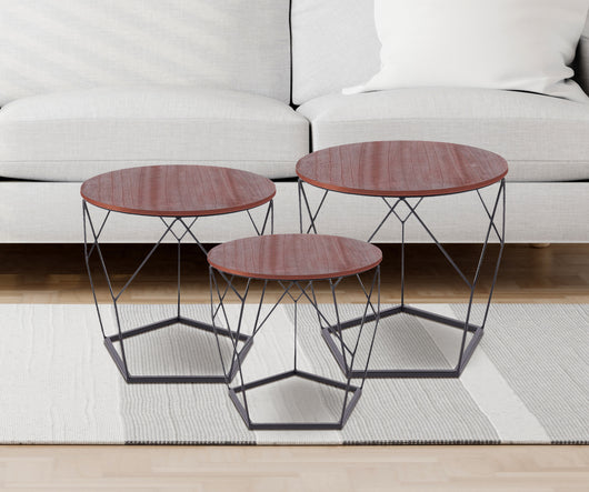 Set 3 Tavolini Da Salotto Sovrapponibili Rotondi Design Moderno Tavolino Da Caffè Estraibili Mobile Soggiorno Tavolo Divano Top In Legno Struttura In Acciaio Stile Industrial Vano Porta Oggetti  - Marrone - Modello 3
