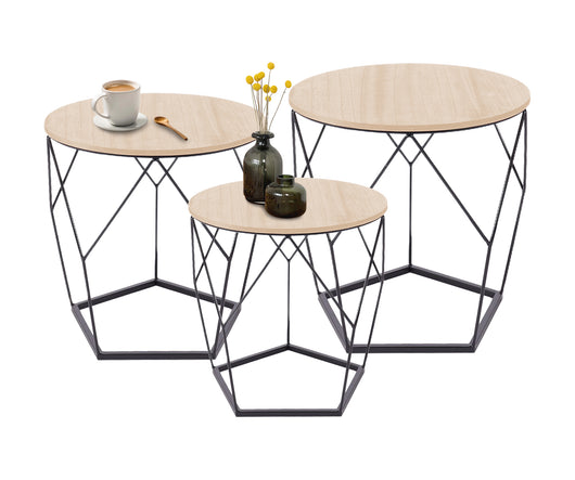 Set 3 Tavolini Da Salotto Sovrapponibili Rotondi Design Moderno Tavolino Da Caffè Estraibili Mobile Soggiorno Tavolo Divano Top In Legno Struttura In Acciaio Stile Industrial Vano Porta Oggetti  - Naturale - Modello 3