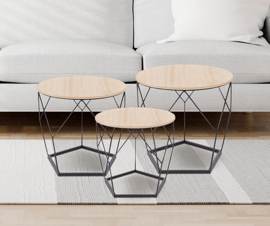 Set 3 Tavolini Da Salotto Sovrapponibili Rotondi Design Moderno Tavolino Da Caffè Estraibili Mobile Soggiorno Tavolo Divano Top In Legno Struttura In Acciaio Stile Industrial Vano Porta Oggetti  - Naturale - Modello 3