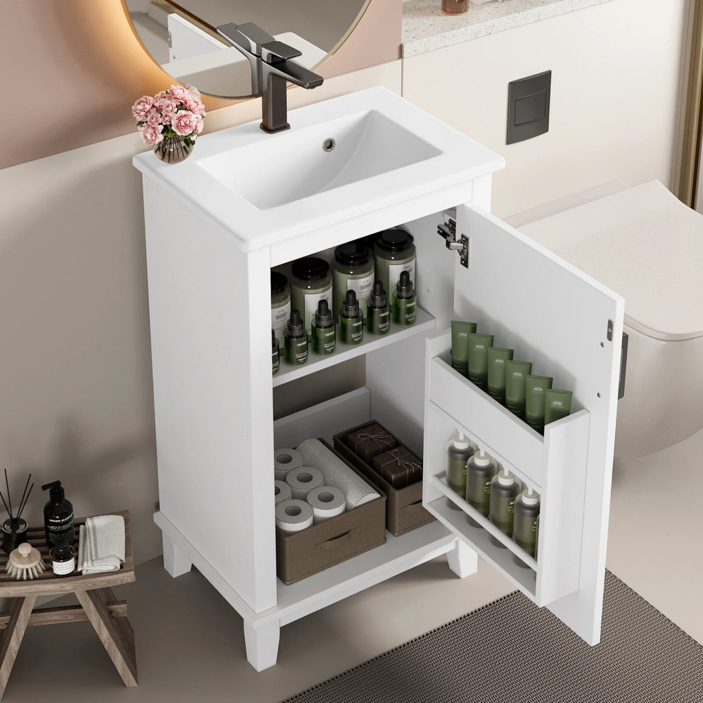 Mobile bagno freestanding 51x34x83 cm con lavabo in ceramica integrato, 1 anta, ripiano regolabile, bianco