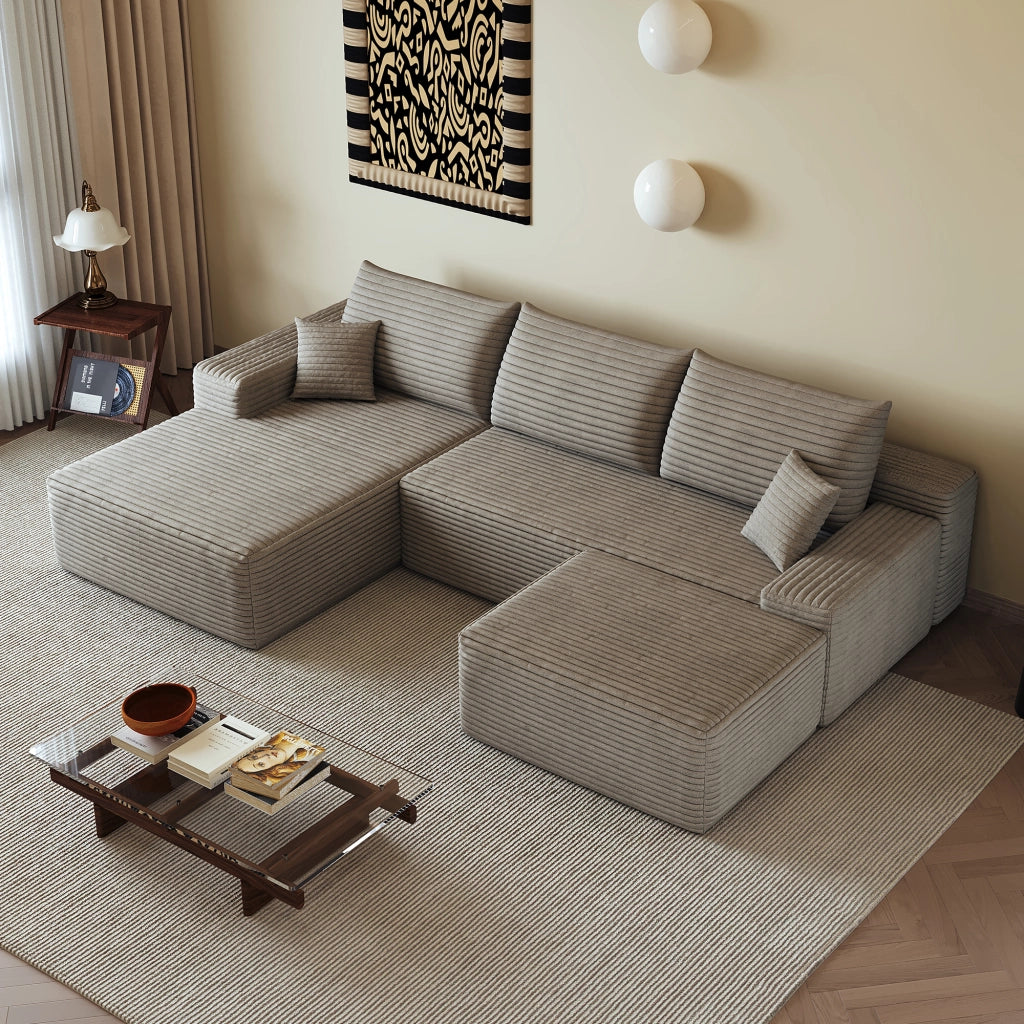 Divano angolare con chaise longue e seduta profonda in tessuto a coste, colore camel, 270 × 175 × 83 cm