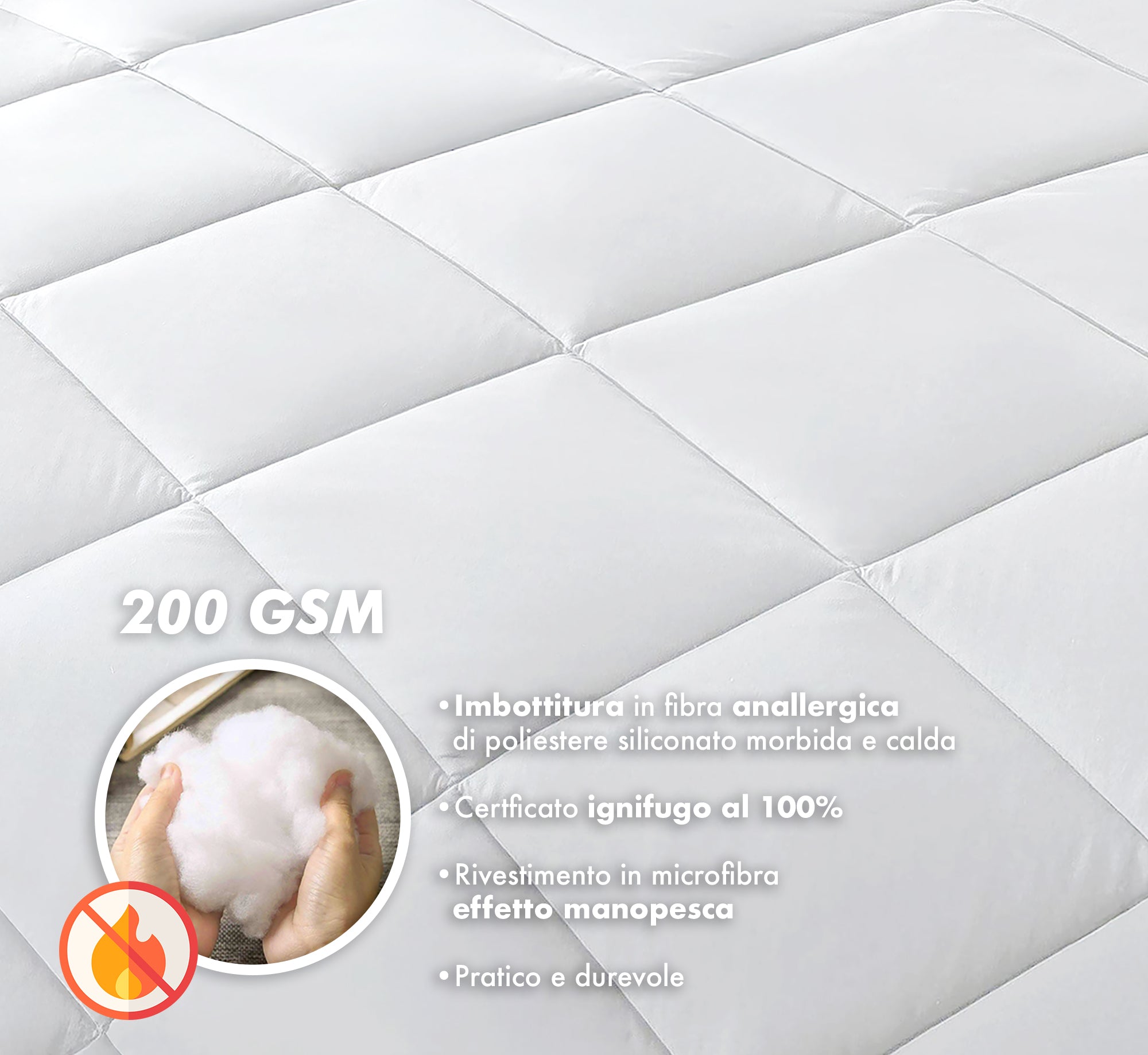 Piumino Letto Bianco Ignifugo Certificato Classe 1IM 100/200/300 Gr Microfibra Anallergica Manopesca Effetto Piuma Prodotto Italiano Hotel Strutture- Piumino 200Gr - Piazza e mezza
