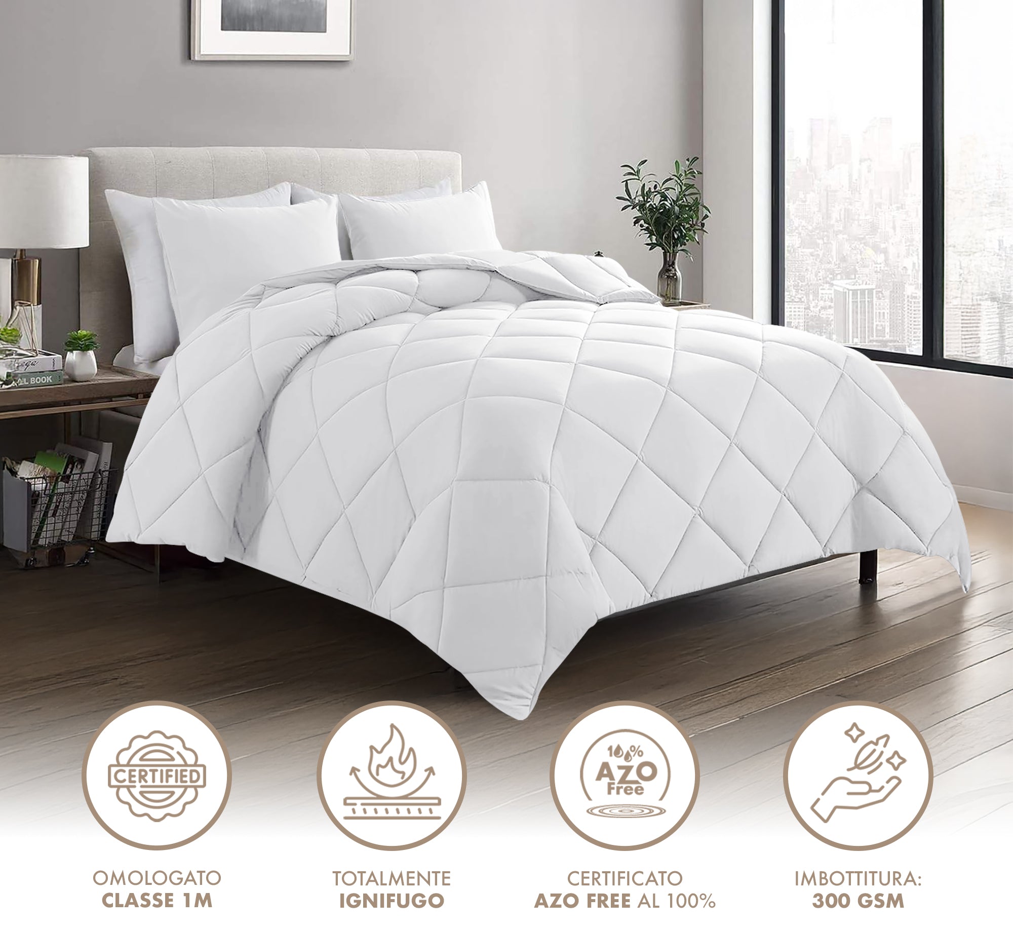 Piumino Letto Bianco Ignifugo Certificato Classe 1IM 100/200/300 Gr Microfibra Anallergica Manopesca Effetto Piuma Prodotto Italiano Hotel Strutture- Piumino 300Gr - Piazza e mezza