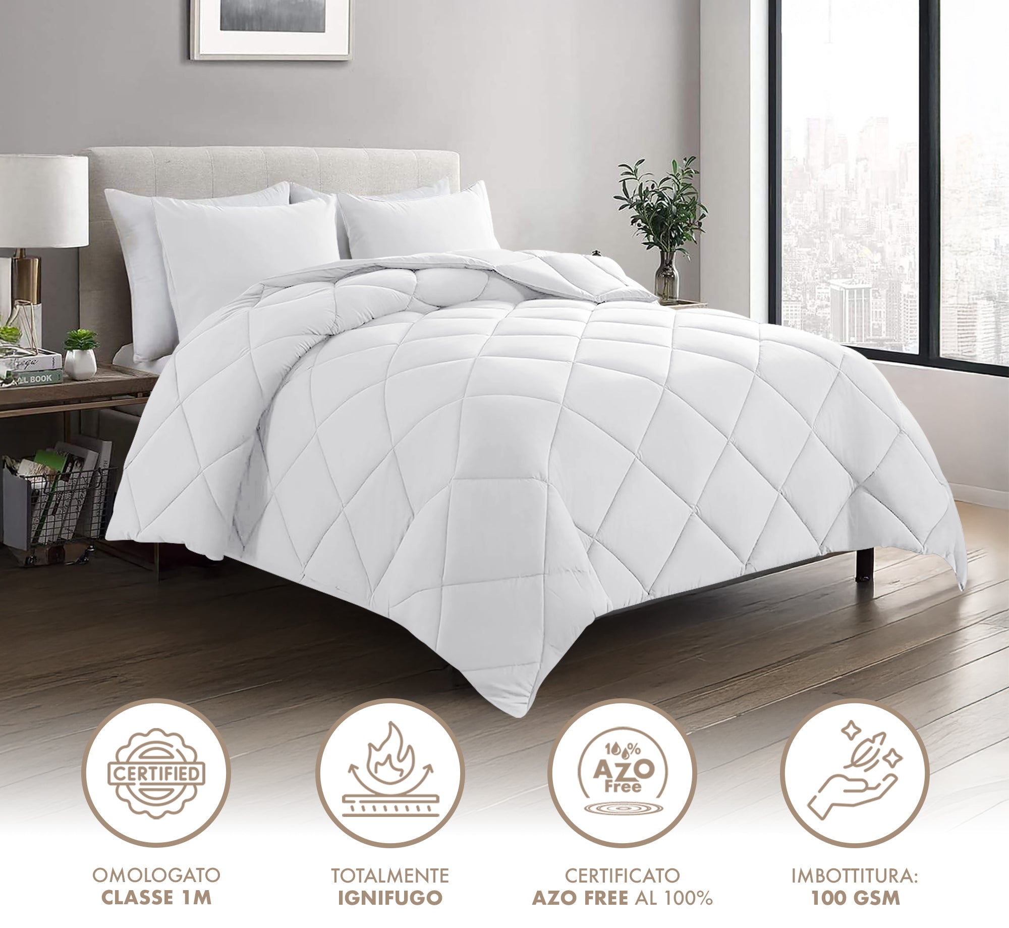 Piumino Letto Bianco Ignifugo Certificato Classe 1IM 100/200/300 Gr Microfibra Anallergica Manopesca Effetto Piuma Prodotto Italiano Hotel Strutture- Piumino 100Gr - Matrimoniale