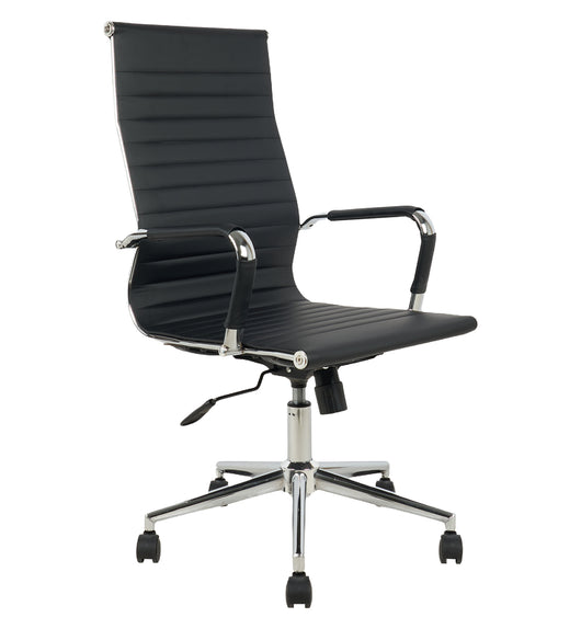 Sedia Da Ufficio Elegante Poltrona Direzionale Ergonomica Design Moderno Colore Nero Rivestimento Ecopelle Base Cromata Ruote Silenzione Seduta Scrivania Sala Riunioni Schienale Alto