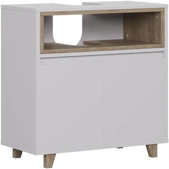 Mobiletto a specchio Elnor, Grigio, con 2 scomparti aperti e 1 anta, per la conservazione di tessili da bagno e combinabile con Elnor