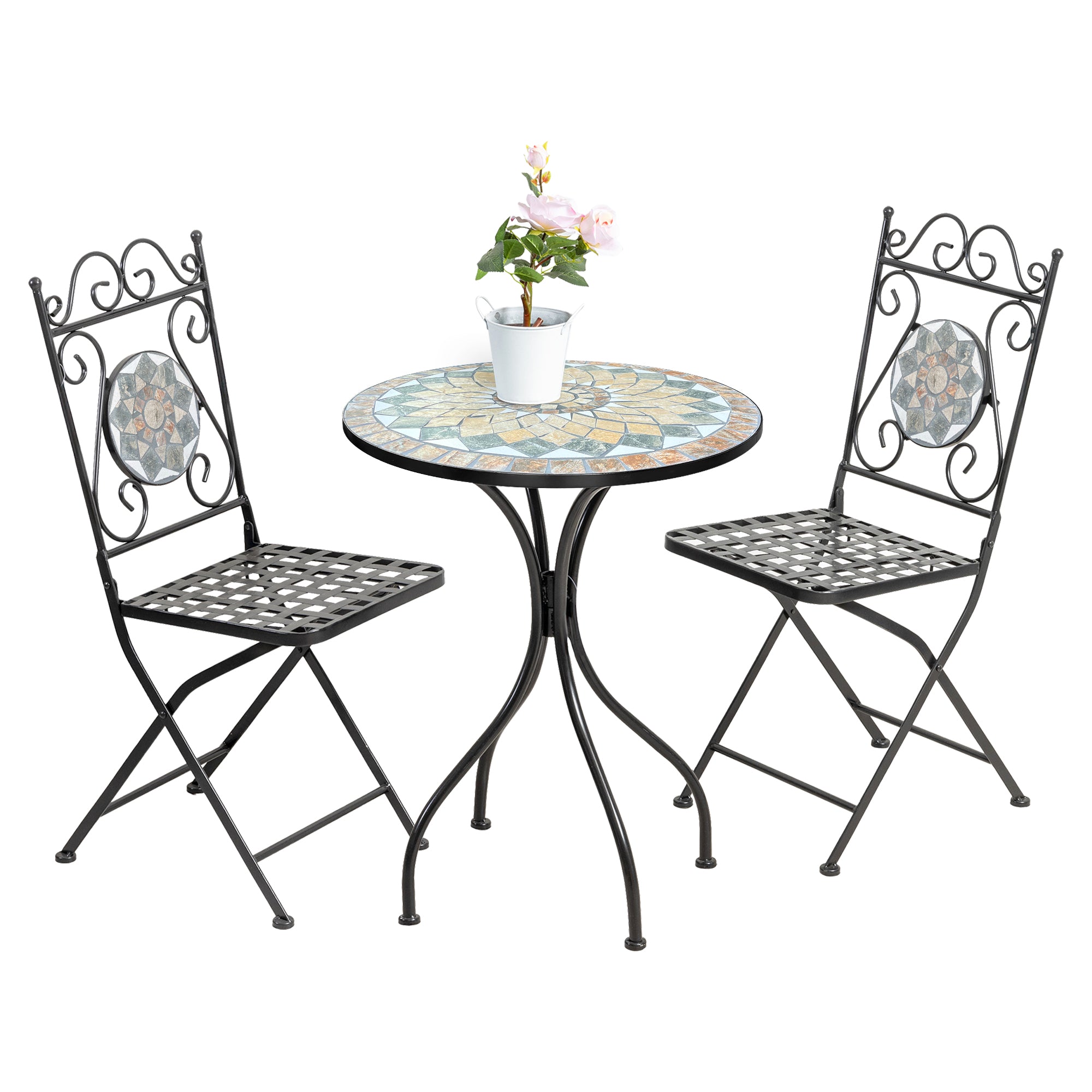 Set Bistrot Tavolino Con 2 Sedie Con Mosaico In Ceramica Per Esterno Terrazzo Giardino Pieghevoli Patio Casa,Bar,Ristoranti,Mobili Giardino - Mod-Cefalu