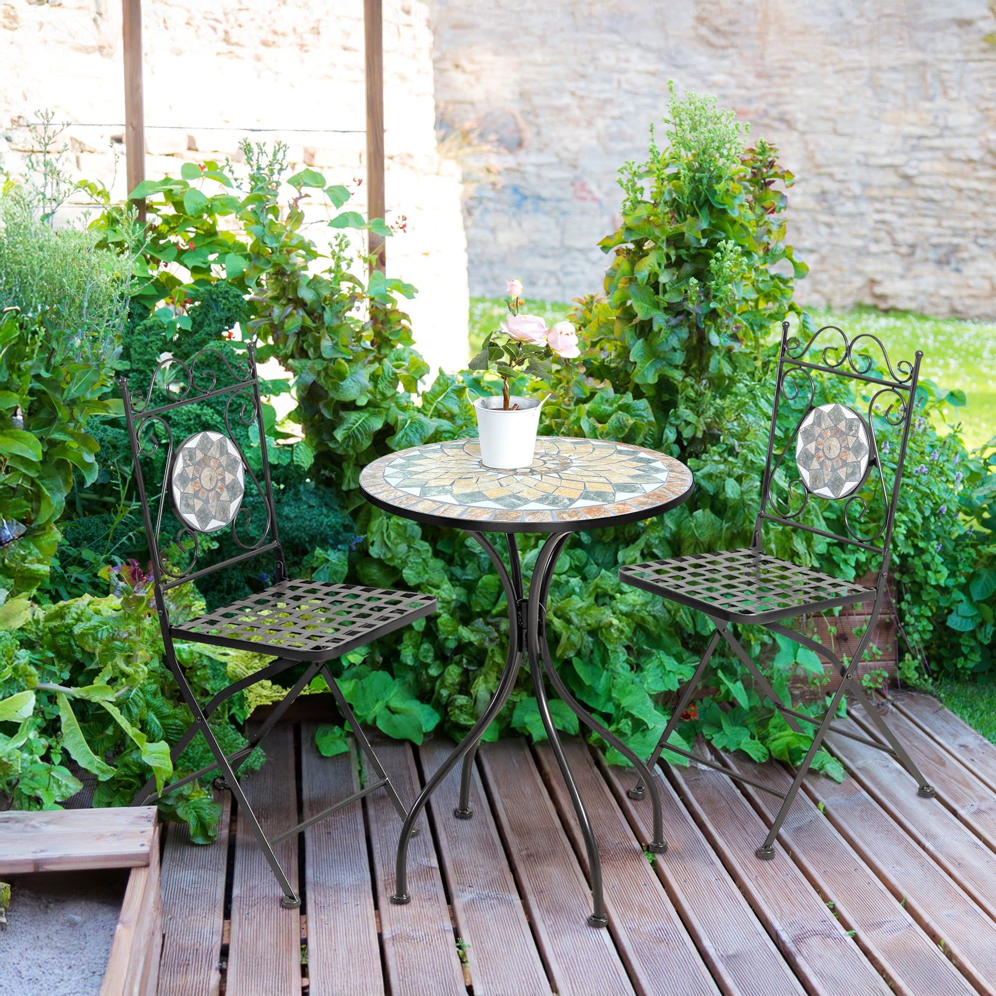 Set Bistrot Tavolino Con 2 Sedie Con Mosaico In Ceramica Per Esterno Terrazzo Giardino Pieghevoli Patio Casa,Bar,Ristoranti,Mobili Giardino - Mod-Cefalu