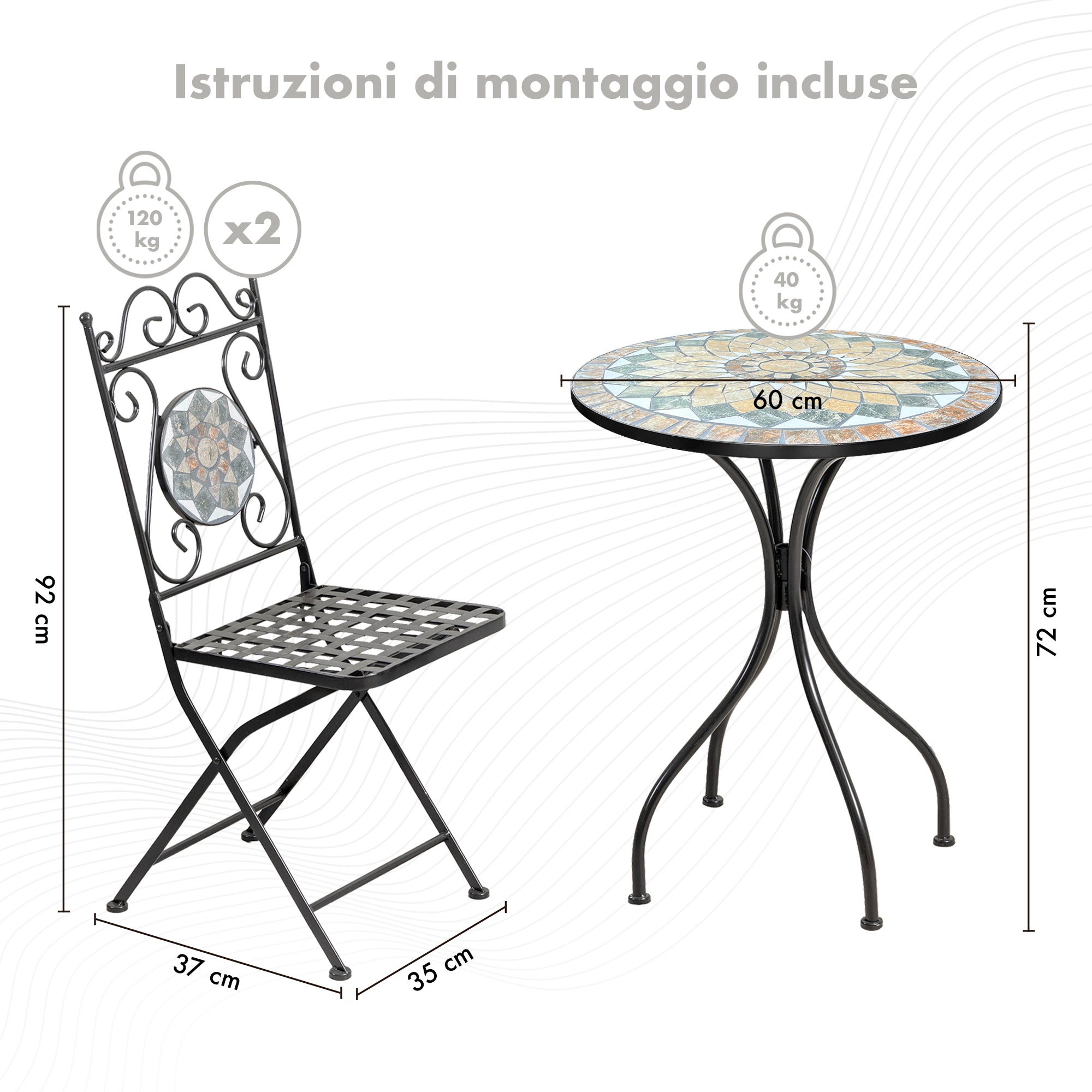 Set Bistrot Tavolino Con 2 Sedie Con Mosaico In Ceramica Per Esterno Terrazzo Giardino Pieghevoli Patio Casa,Bar,Ristoranti,Mobili Giardino - Mod-Cefalu