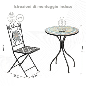 Set Bistrot Tavolino Con 2 Sedie Con Mosaico In Ceramica Per Esterno Terrazzo Giardino Pieghevoli Patio Casa,Bar,Ristoranti,Mobili Giardino - Mod-Cefalu