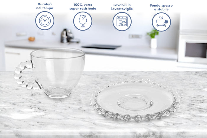 Set 6 Tazzine Caffè In Vetro Con Piattino Eleganti 85 ML Lavabili In Lavastoviglie Trasparenti Certificate Contatto Alimentare In Elegante Confezione Regalo Ricamate Tazza Servizio Bicchierini Amburgo 