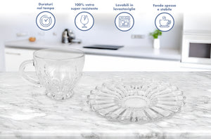 Set 6 Tazzine Caffè In Vetro Con Piattino Eleganti 110 ML Lavabili In Lavastoviglie Trasparenti Certificate Contatto Alimentare In Elegante Confezione Regalo Ricamate Tazza Servizio Bicchierini Lipsia