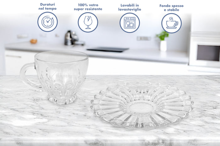 Set 6 Tazzine Caffè In Vetro Con Piattino Eleganti 110 ML Lavabili In Lavastoviglie Trasparenti Certificate Contatto Alimentare In Elegante Confezione Regalo Ricamate Tazza Servizio Bicchierini Lipsia
