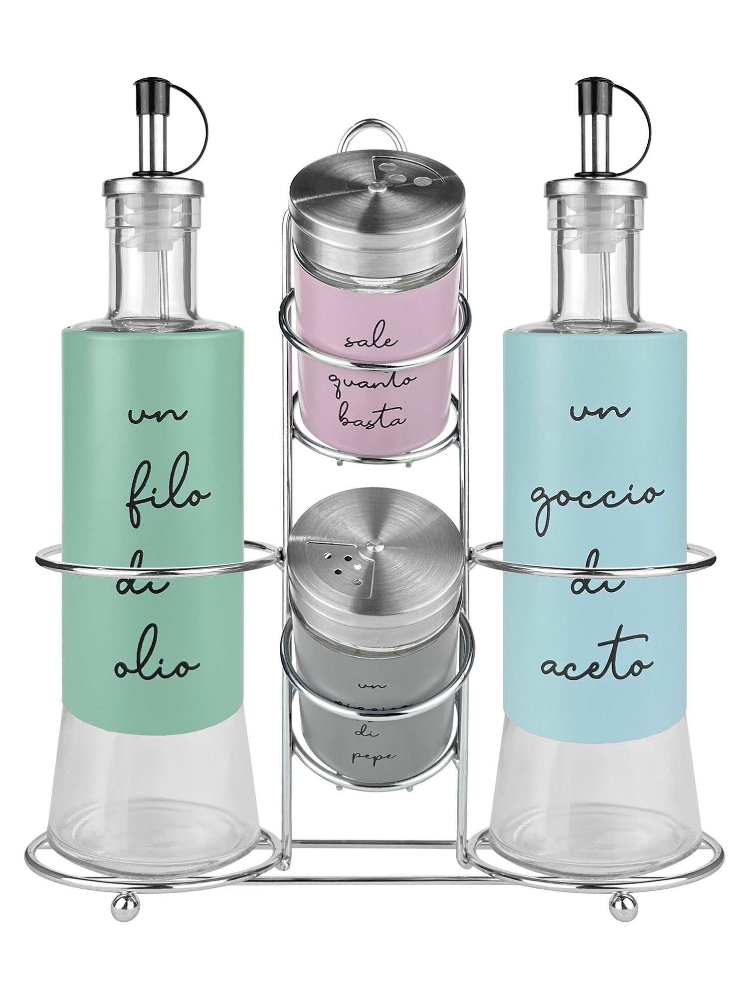 Set Condimento 4 Pezzi Olio Aceto Sale Pepe Vetro Acciaio Certificato Per Alimenti Organizzatore Acciaio Inox Con Stand In Ferro Condimenti Tavola Oliera Saliera Dispenser Tavola Organizer Porta Spezie Barattoli Contenitori 