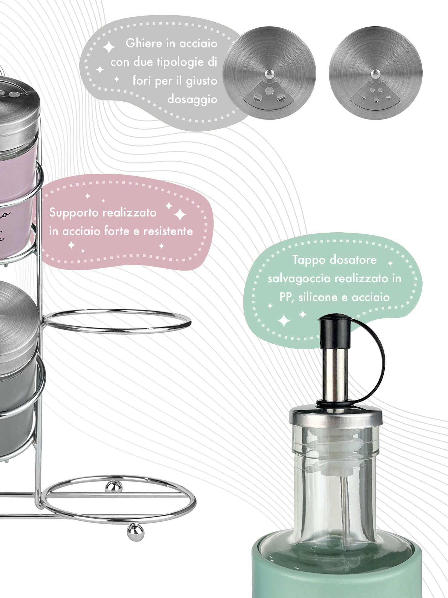 Set Condimento 4 Pezzi Olio Aceto Sale Pepe Vetro Acciaio Certificato Per Alimenti Organizzatore Acciaio Inox Con Stand In Ferro Condimenti Tavola Oliera Saliera Dispenser Tavola Organizer Porta Spezie Barattoli Contenitori 