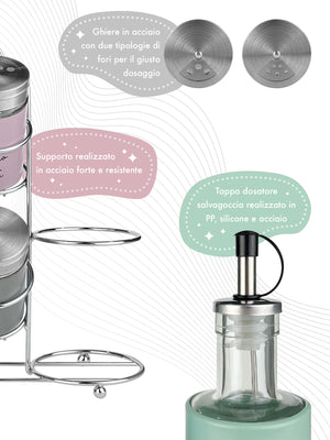 Set Condimento 4 Pezzi Olio Aceto Sale Pepe Vetro Acciaio Certificato Per Alimenti Organizzatore Acciaio Inox Con Stand In Ferro Condimenti Tavola Oliera Saliera Dispenser Tavola Organizer Porta Spezie Barattoli Contenitori 