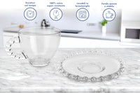 Set 6 Tazzine Da Tè Cappuccino In Vetro Con Piattino Eleganti 210 ML Lavabili In Lavastoviglie Trasparenti Certificate Contatto Alimentare In Elegante Confezione Regalo Ricamate Colazione