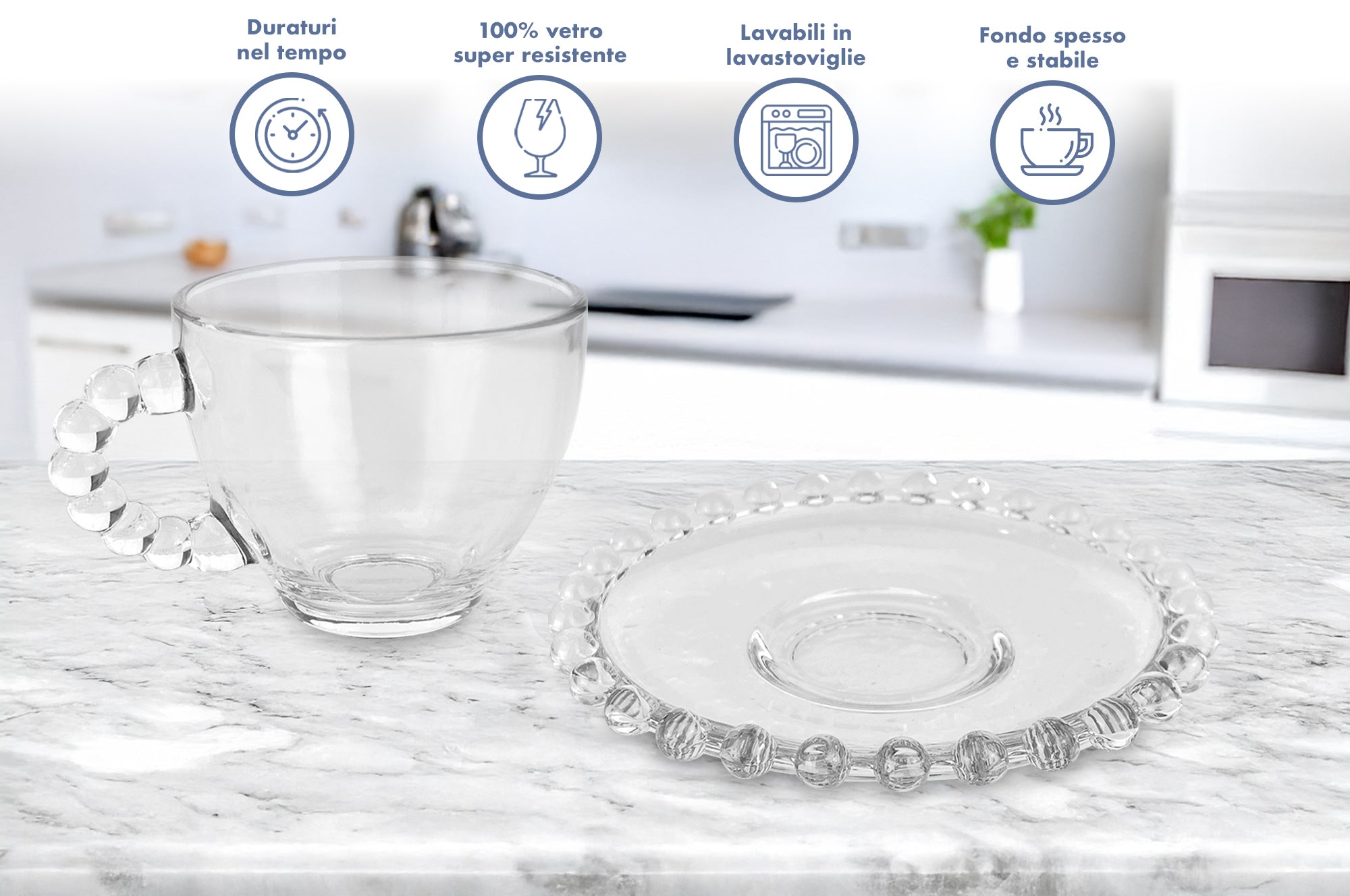 Set 6 Tazzine Da Tè Cappuccino In Vetro Con Piattino Eleganti 210 ML Lavabili In Lavastoviglie Trasparenti Certificate Contatto Alimentare In Elegante Confezione Regalo Ricamate Colazione