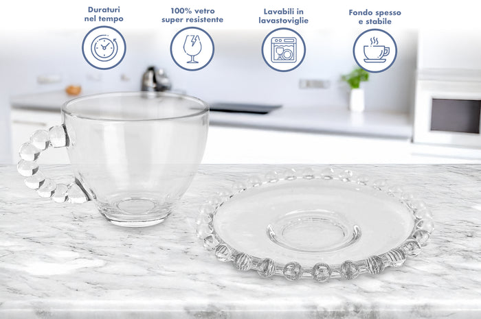 Set 6 Tazzine Da Tè Cappuccino In Vetro Con Piattino Eleganti 210 ML Lavabili In Lavastoviglie Trasparenti Certificate Contatto Alimentare In Elegante Confezione Regalo Ricamate Colazione