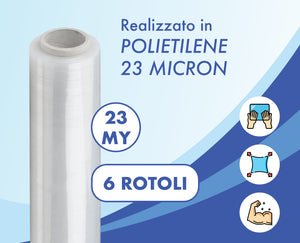 6 Rotoli Pellicola Imballaggio 160 Mt Da 2.2Kg 23 Micron Altezza 50 Cm Prodotto Italiano Estensibile Multiuso Extra Resistente Spedizioni Trasloco Misure e Peso Reali