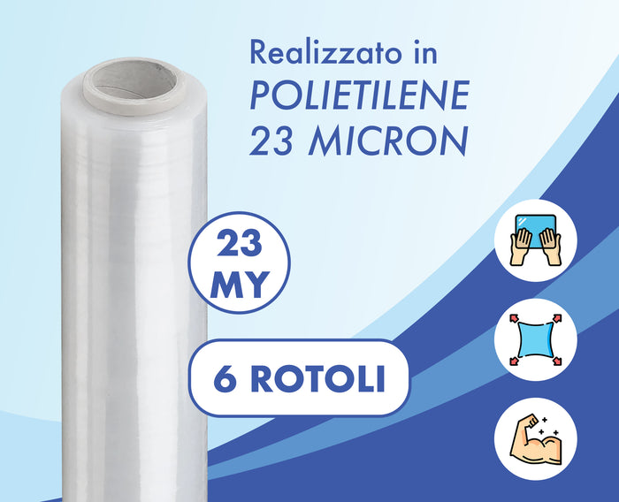 6 Rotoli Pellicola Imballaggio 160 Mt Da 2.2Kg 23 Micron Altezza 50 Cm Prodotto Italiano Estensibile Multiuso Extra Resistente Spedizioni Trasloco Misure e Peso Reali