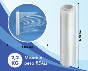 6 Rotoli Pellicola Imballaggio 160 Mt Da 2.2Kg 23 Micron Altezza 50 Cm Prodotto Italiano Estensibile Multiuso Extra Resistente Spedizioni Trasloco Misure e Peso Reali