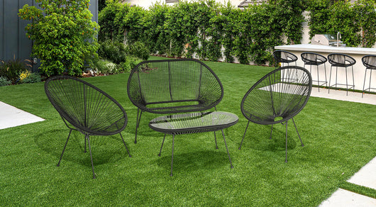 Salotto Da Giardino In Fili Di Resina Intrecciati 2 Poltrone Un Divano Un Tavolo Con Ripiano In Vetro Terrazzo Salottino Estivo Sedie Tavolino Struttura Solida In Acciaio