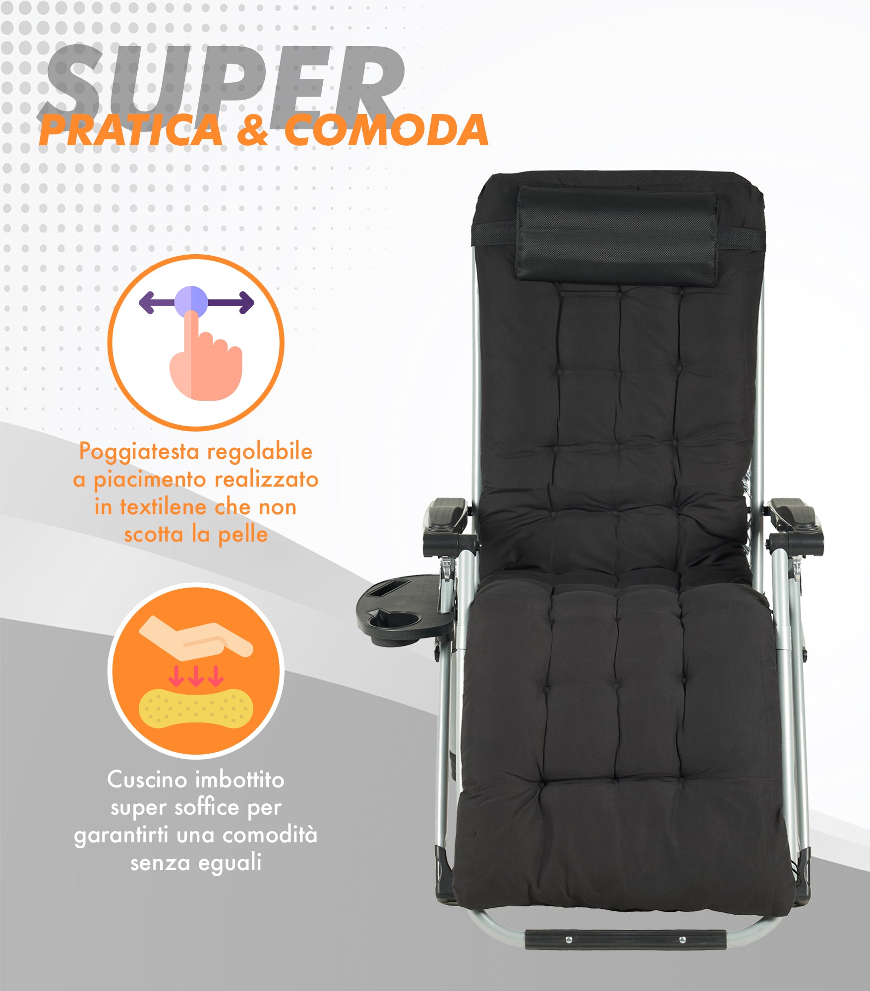 Sedia Sdraio Reclinabile Per Giardino Poltrona Pieghevole Relax Prendisole Lettino Con Cuscino Imbottito E Portabicchiere Patio Campeggio Spiaggia Con Cuscino Regolabile Nero