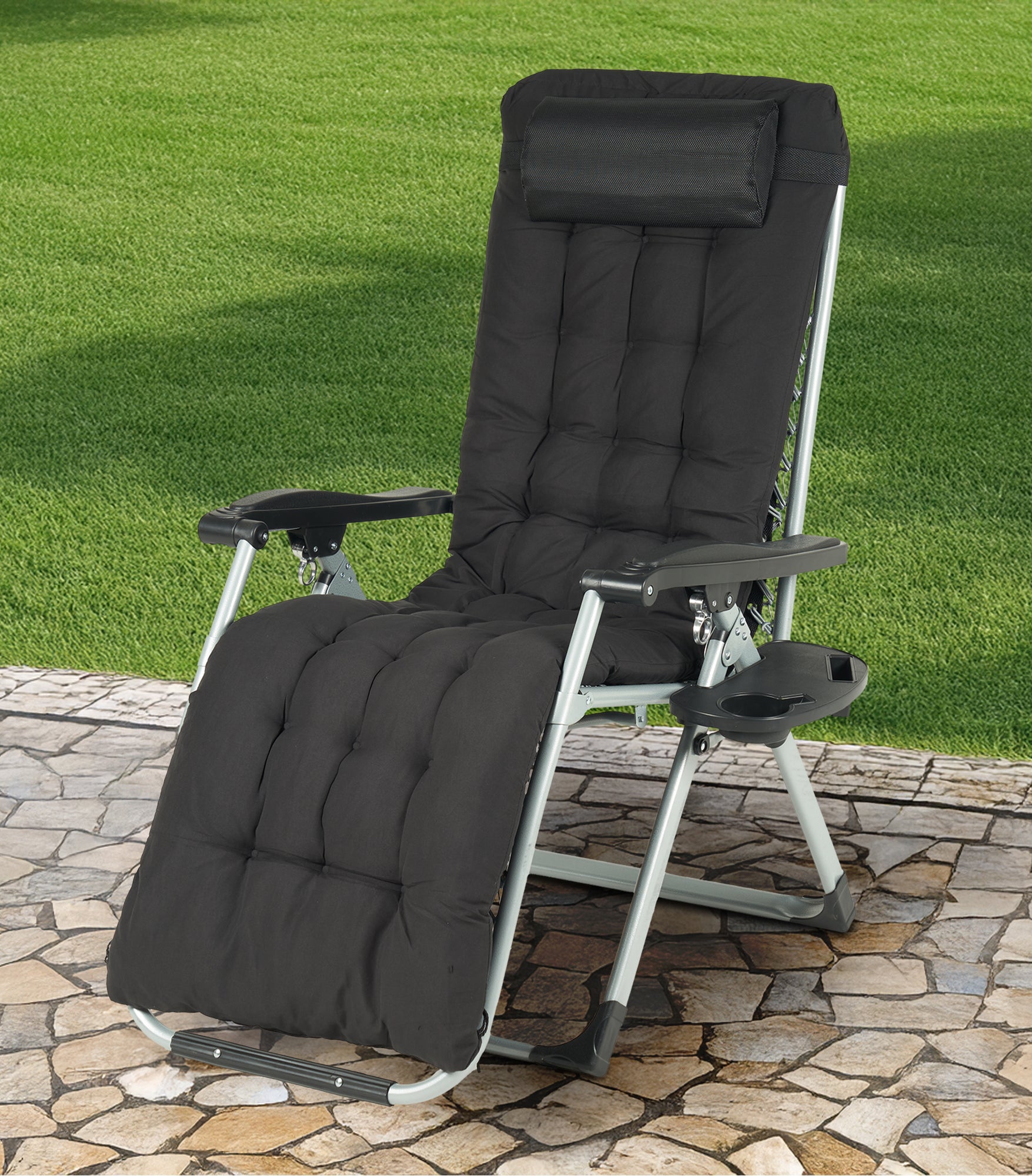 Sedia Sdraio Reclinabile Per Giardino Poltrona Pieghevole Relax Prendisole Lettino Con Cuscino Imbottito E Portabicchiere Patio Campeggio Spiaggia Con Cuscino Regolabile Nero