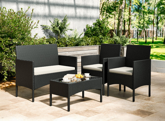 Salotto Da Esterno In Rattan 2 Poltrone 1 Divano 1 Tavolo Giardino Esterno Con Cuscini Terrazzo Patio Salotto Relax Primavera Estate  Mobili Estivi 4 Posti Tavolo Ripiano In Vetro