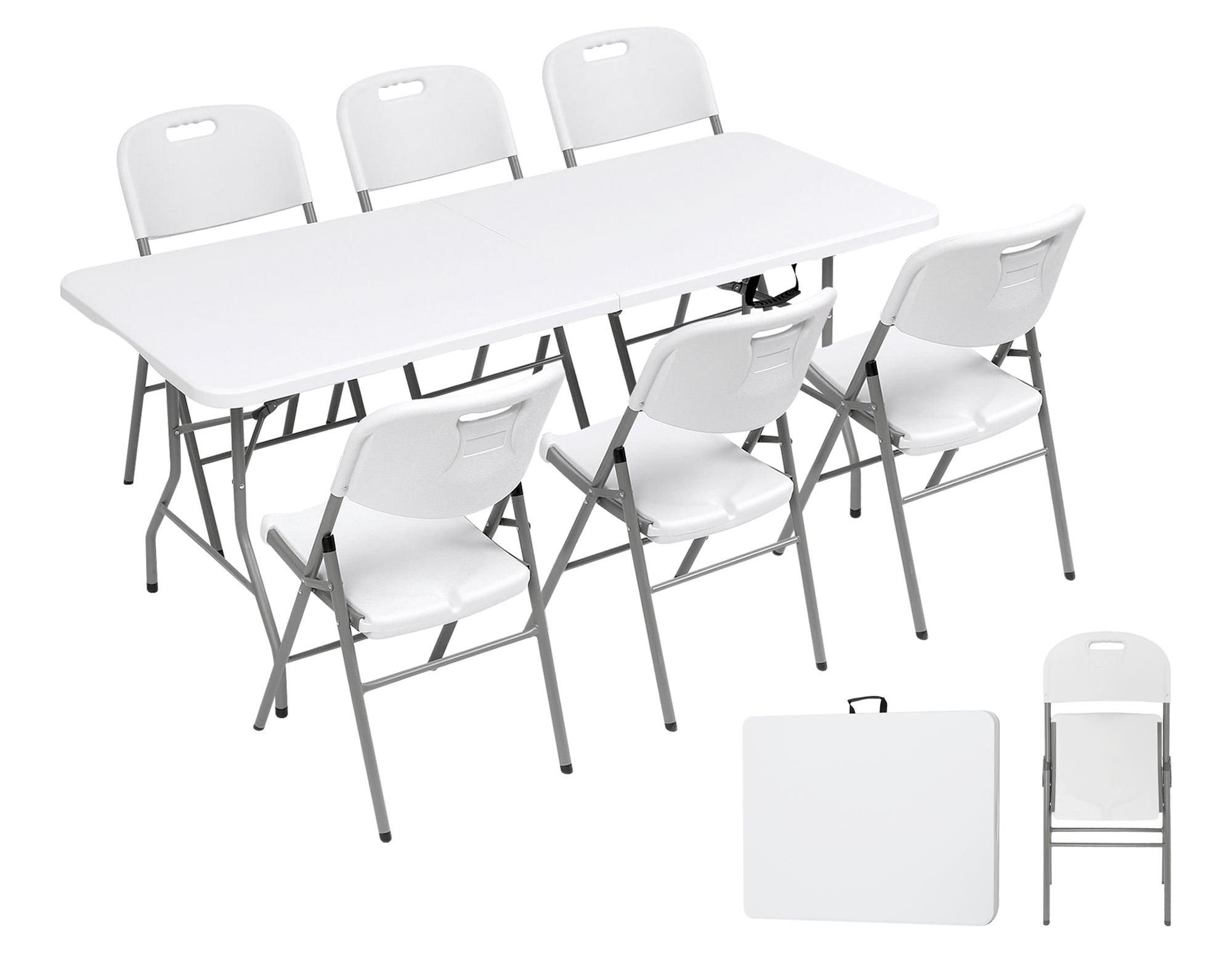 Set Tavolo + 6 Sedie Pieghevoli Da Giardino Terrazzo Struttura Robusta In Acciaio Resistenti Facilmente Trasportabili Colore Bianco Set Birreria Feste Campeggio Estate