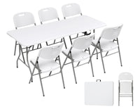 Set Tavolo + 6 Sedie Pieghevoli Da Giardino Terrazzo Struttura Robusta In Acciaio Resistenti Facilmente Trasportabili Colore Bianco Set Birreria Feste Campeggio Estate