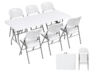 Set Tavolo + 6 Sedie Pieghevoli Da Giardino Terrazzo Struttura Robusta In Acciaio Resistenti Facilmente Trasportabili Colore Bianco Set Birreria Feste Campeggio Estate