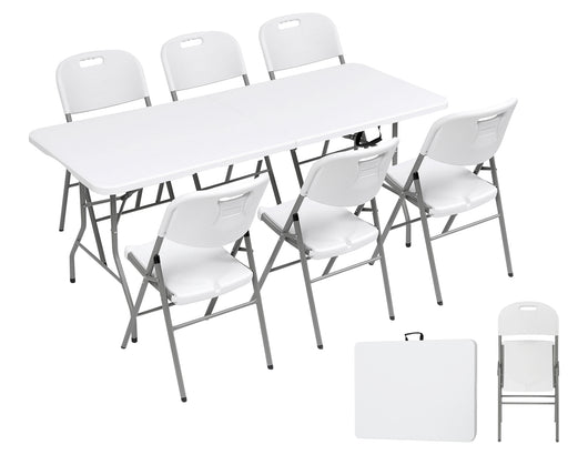 Set Tavolo + 6 Sedie Pieghevoli Da Giardino Terrazzo Struttura Robusta In Acciaio Resistenti Facilmente Trasportabili Colore Bianco Set Birreria Feste Campeggio Estate