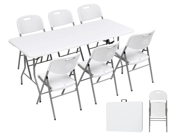 Set Tavolo + 6 Sedie Pieghevoli Da Giardino Terrazzo Struttura Robusta In Acciaio Resistenti Facilmente Trasportabili Colore Bianco Set Birreria Feste Campeggio Estate