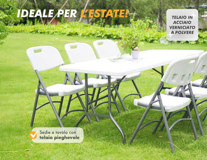 Set Tavolo + 6 Sedie Pieghevoli Da Giardino Terrazzo Struttura Robusta In Acciaio Resistenti Facilmente Trasportabili Colore Bianco Set Birreria Feste Campeggio Estate