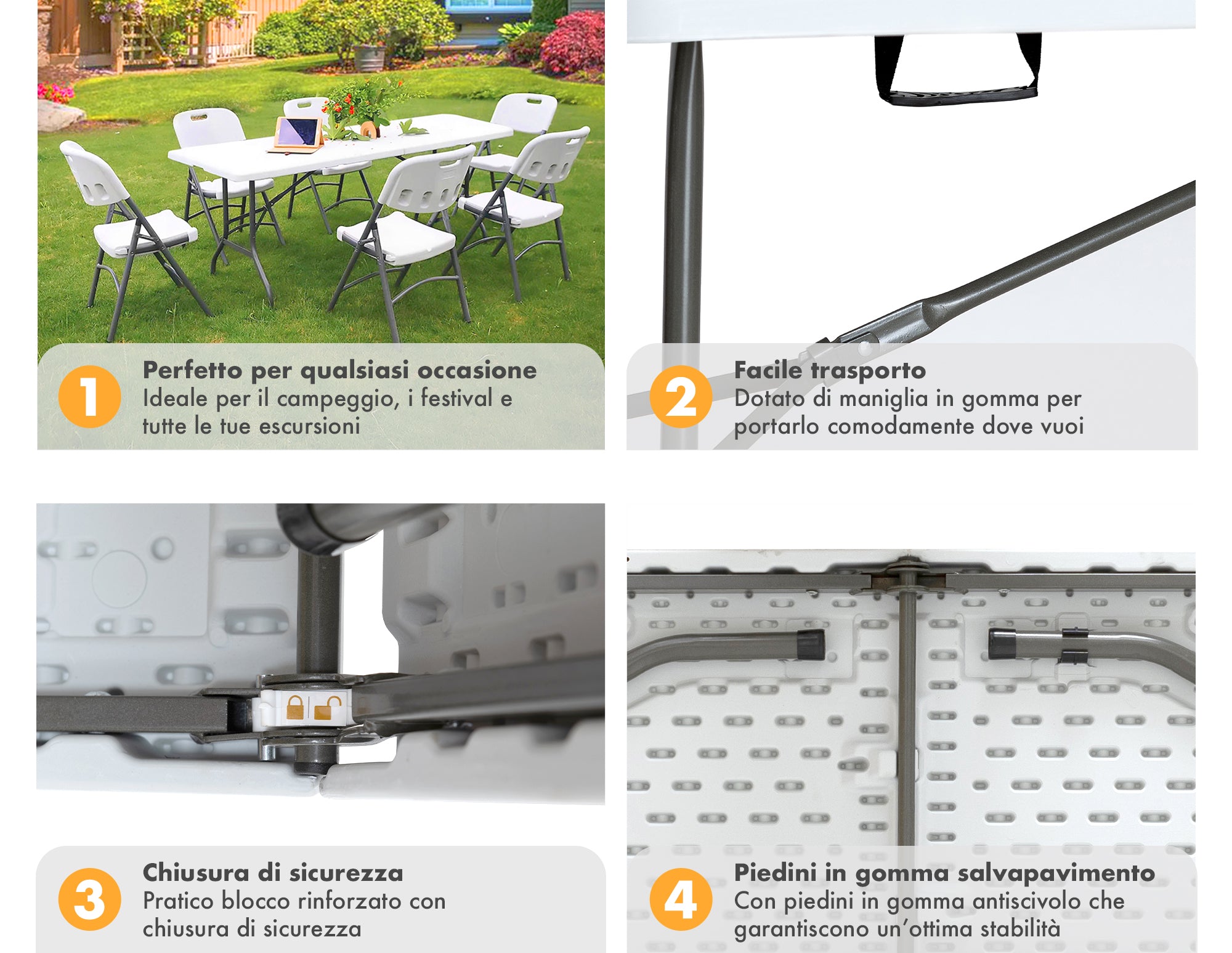 Set Tavolo + 6 Sedie Pieghevoli Da Giardino Terrazzo Struttura Robusta In Acciaio Resistenti Facilmente Trasportabili Colore Bianco Set Birreria Feste Campeggio Estate