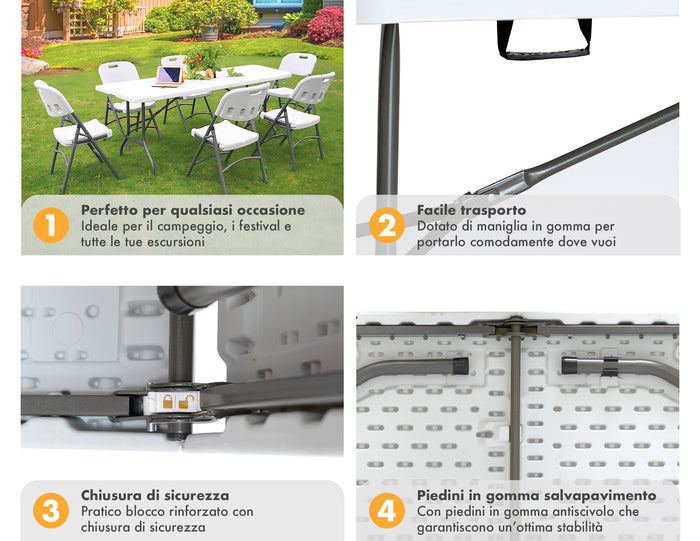Set Tavolo + 6 Sedie Pieghevoli Da Giardino Terrazzo Struttura Robusta In Acciaio Resistenti Facilmente Trasportabili Colore Bianco Set Birreria Feste Campeggio Estate