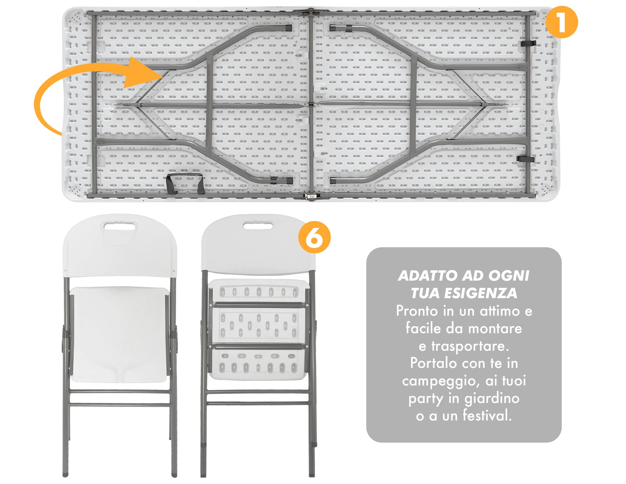 Set Tavolo + 6 Sedie Pieghevoli Da Giardino Terrazzo Struttura Robusta In Acciaio Resistenti Facilmente Trasportabili Colore Bianco Set Birreria Feste Campeggio Estate
