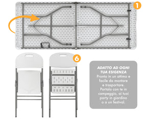 Set Tavolo + 6 Sedie Pieghevoli Da Giardino Terrazzo Struttura Robusta In Acciaio Resistenti Facilmente Trasportabili Colore Bianco Set Birreria Feste Campeggio Estate