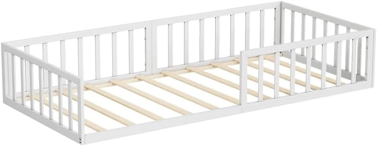 Letto a pavimento Minno 90x200, letto bambini in metallo, letto Montessori con protezione anticaduta, bassa altezza d’ingresso, bianco