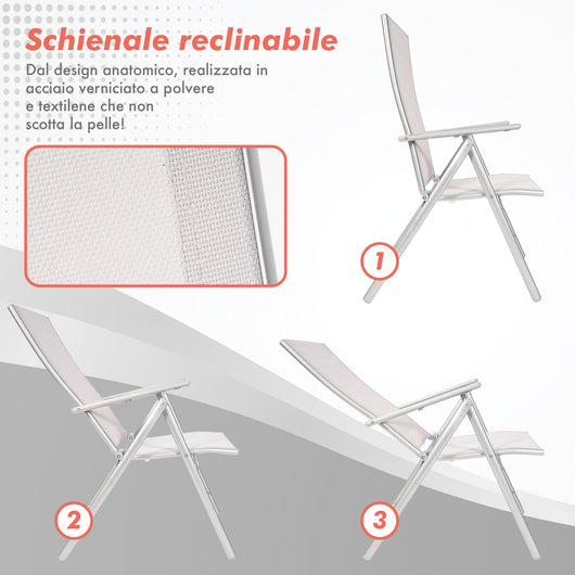 Coppia Da 2 Sedie Sdraio Pieghevoli Da Giardino Con Schienale Reclinabile In Acciaio Inox Tessuto Traspirante Resistenti All'Acqua Colore Grigio Sedia Terrazzo Poltrona Design Moderno