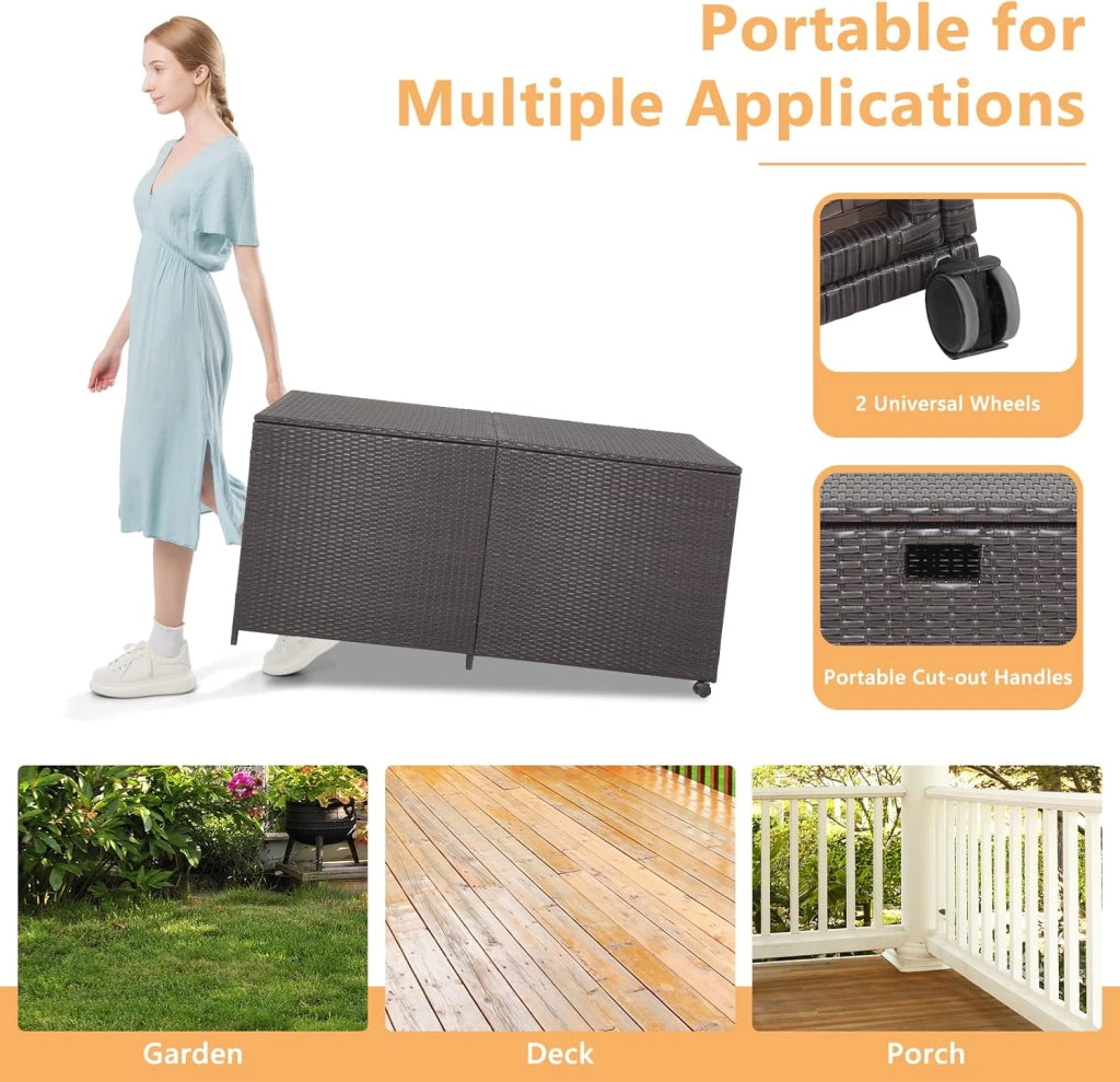 Scatola portaoggetti per esterni, arrotolabile, in polyrattan, con maniglie, contenitore portaoggetti 150 x 77 x 72 cm, impermeabile con coperchio, contenitore con spazio ventilato