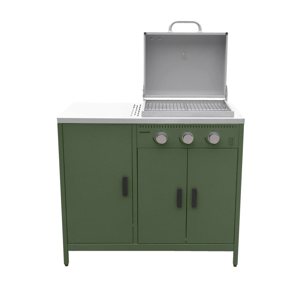 Barbecue a gas 3 bruciatori, 3 ante, 2 spazi di stoccaggio, verde