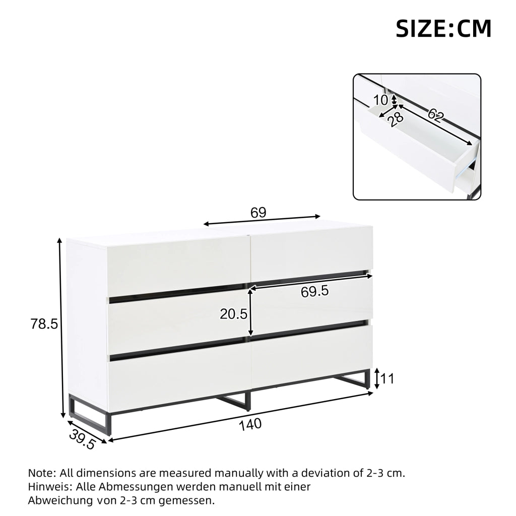 Sideboard da soggiorno 140 x 39,5 x 78,5 cm con 6 cassetti, struttura in truciolare, finitura bianco e nero, portata fino a 60 kg