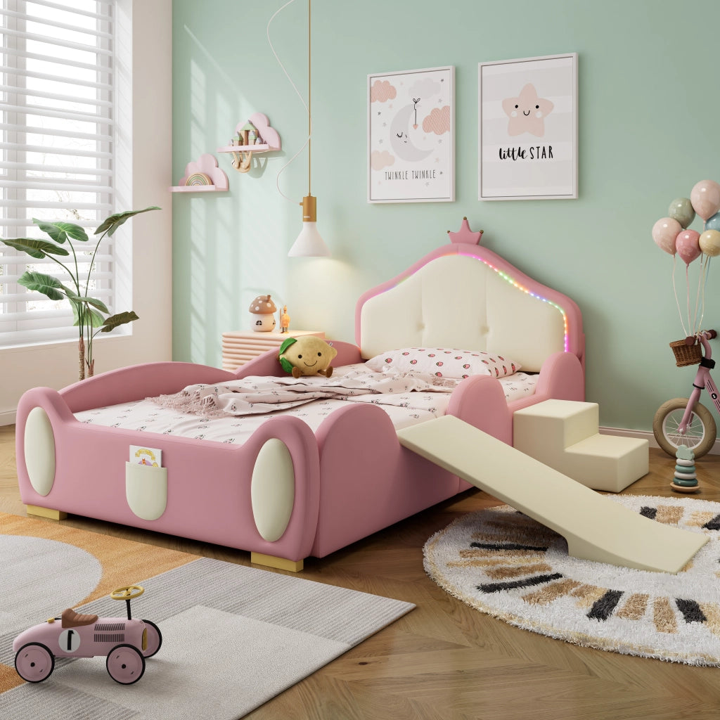 OKWISH Letto Bambini 90×200 cm, Letto Singolo con LED Multimode, Scivolo e Scala, senza Materasso, in PU, Rosa
