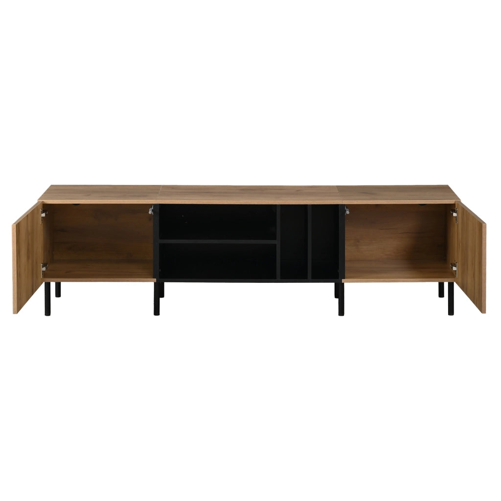 Mobile TV basso con 2 ante push-to-open, 4 vani a giorno, 180x40x50 cm, nero e legno naturale, per TV fino a 70''